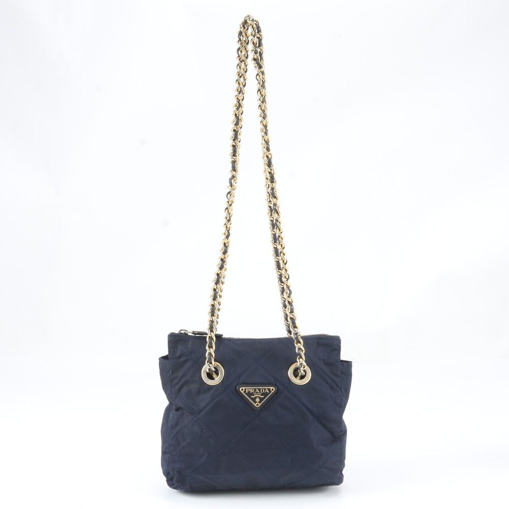 Prada Tessuto Nylon Quilted Triangle Logo Chain Shoulder Bag Navy