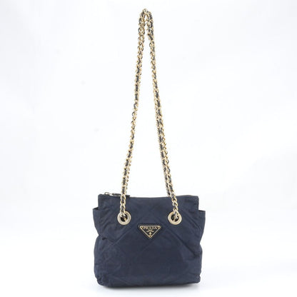 Prada Tessuto Nylon Quilted Triangle Logo Chain Shoulder Bag Navy