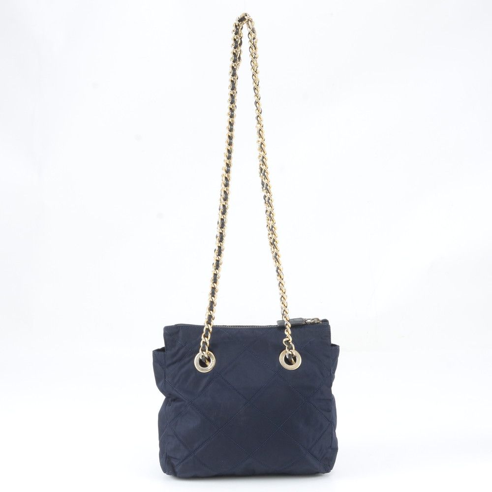 Prada Tessuto Nylon Quilted Triangle Logo Chain Shoulder Bag Navy — view 3