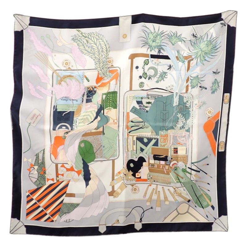 Hermes Carre 90 Bagage Silk Gray Clair Vert Multicolor Scarf