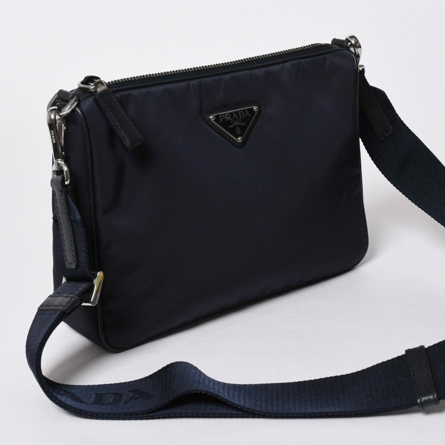 Prada Shoulder Bag Triangle Logo Nylon Leather Navy Silver — view 3
