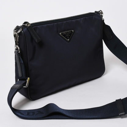 Prada Shoulder Bag Triangle Logo Nylon Leather Navy Silver — view 3