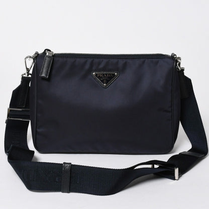 Prada Shoulder Bag Triangle Logo Nylon Leather Navy Silver