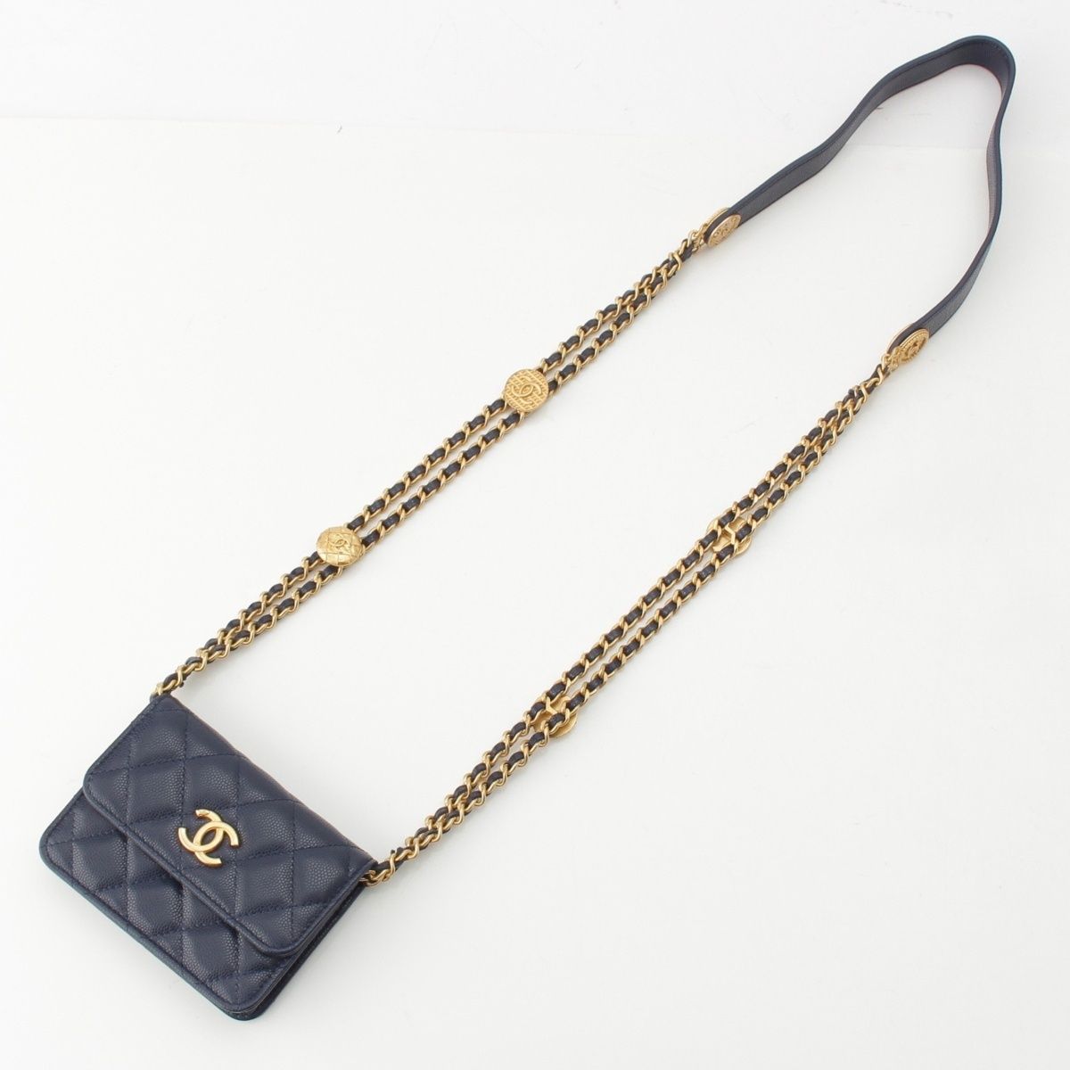 Chanel Quilted Mini Caviar Leather Coco Buttons Chain Shoulder Bag Navy — view 8