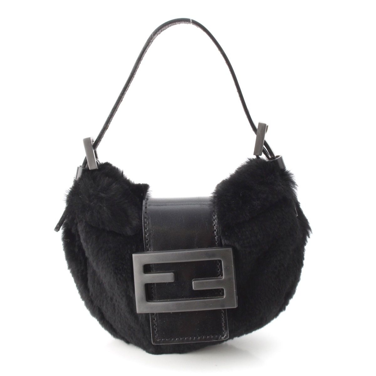 Fendi Mamma Mini Croissant Fur FF Fur Pouch Black