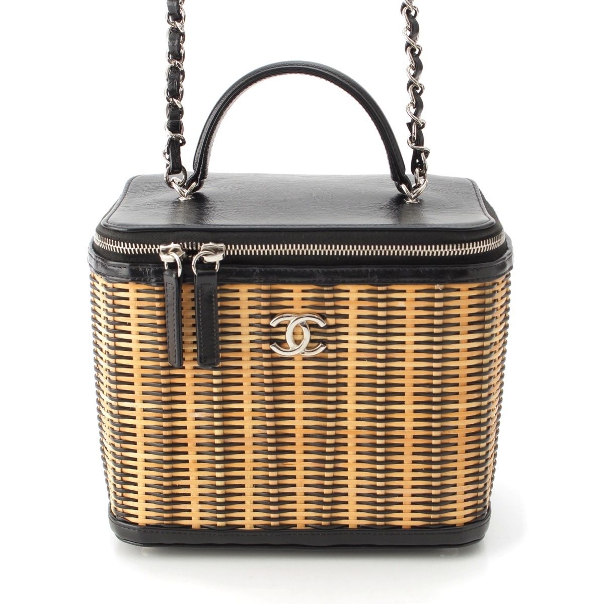 Chanel Rattan Leather CC Logo 2-Way Vanity Shoulder Bag Black Beige
