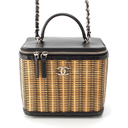 Chanel Rattan Leather CC Logo 2-Way Vanity Shoulder Bag Black Beige