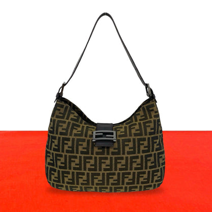 Fendi Vintage Mamma Bucket Zucca FF Pattern Canvas Leather Shoulder Bag Brown