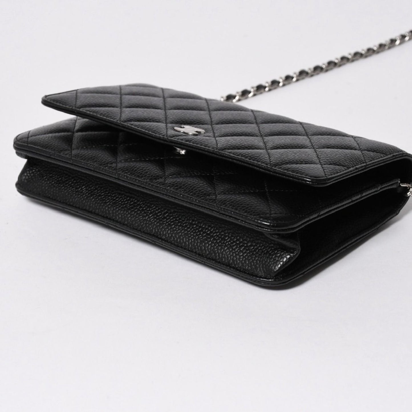 Chanel Quilted Chain Wallet Caviar Leather Black Silver Shoulder Bag — view 8