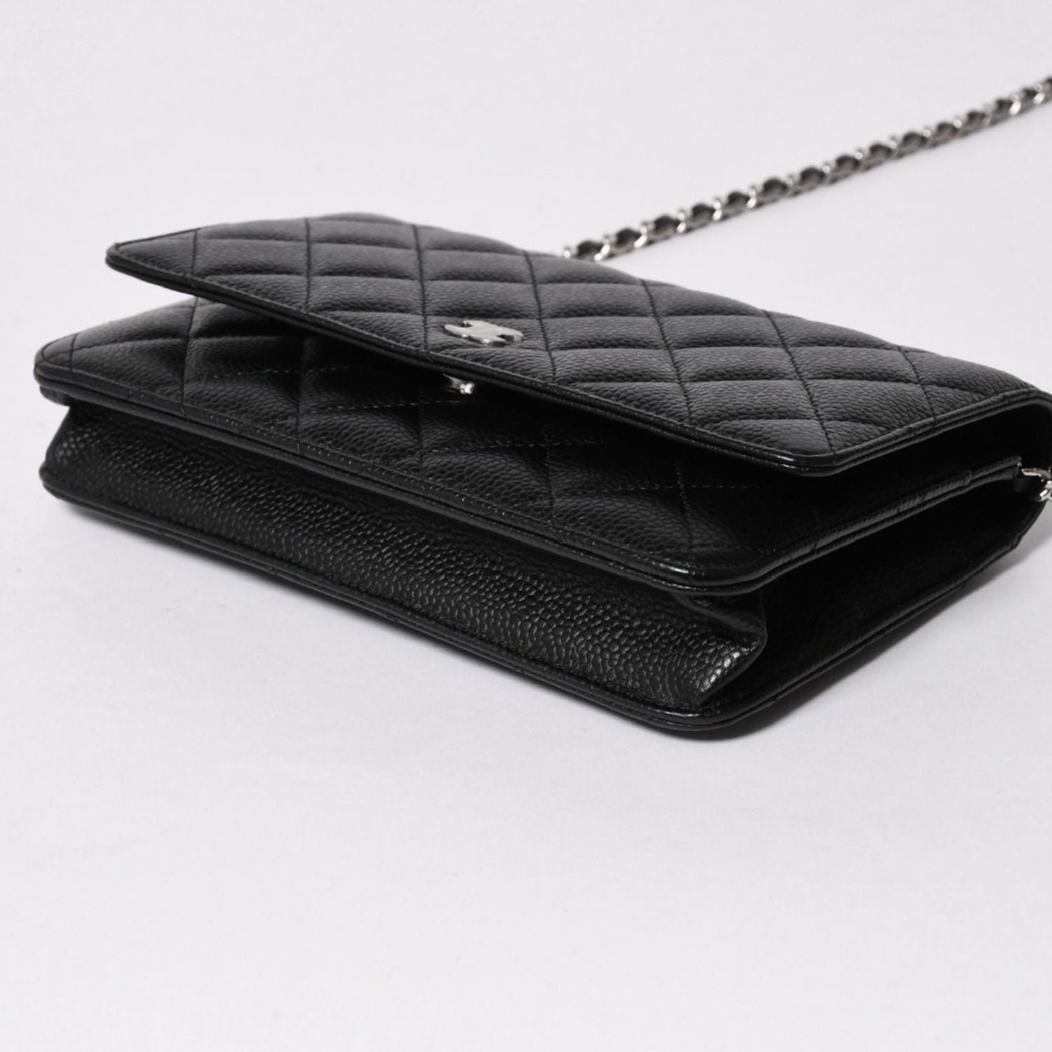 Chanel Quilted Chain Wallet Caviar Leather Black Silver Shoulder Bag — view 8