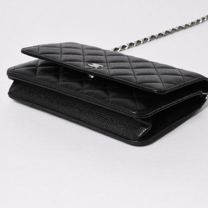 Chanel Quilted Chain Wallet Caviar Leather Black Silver Shoulder Bag — view 8