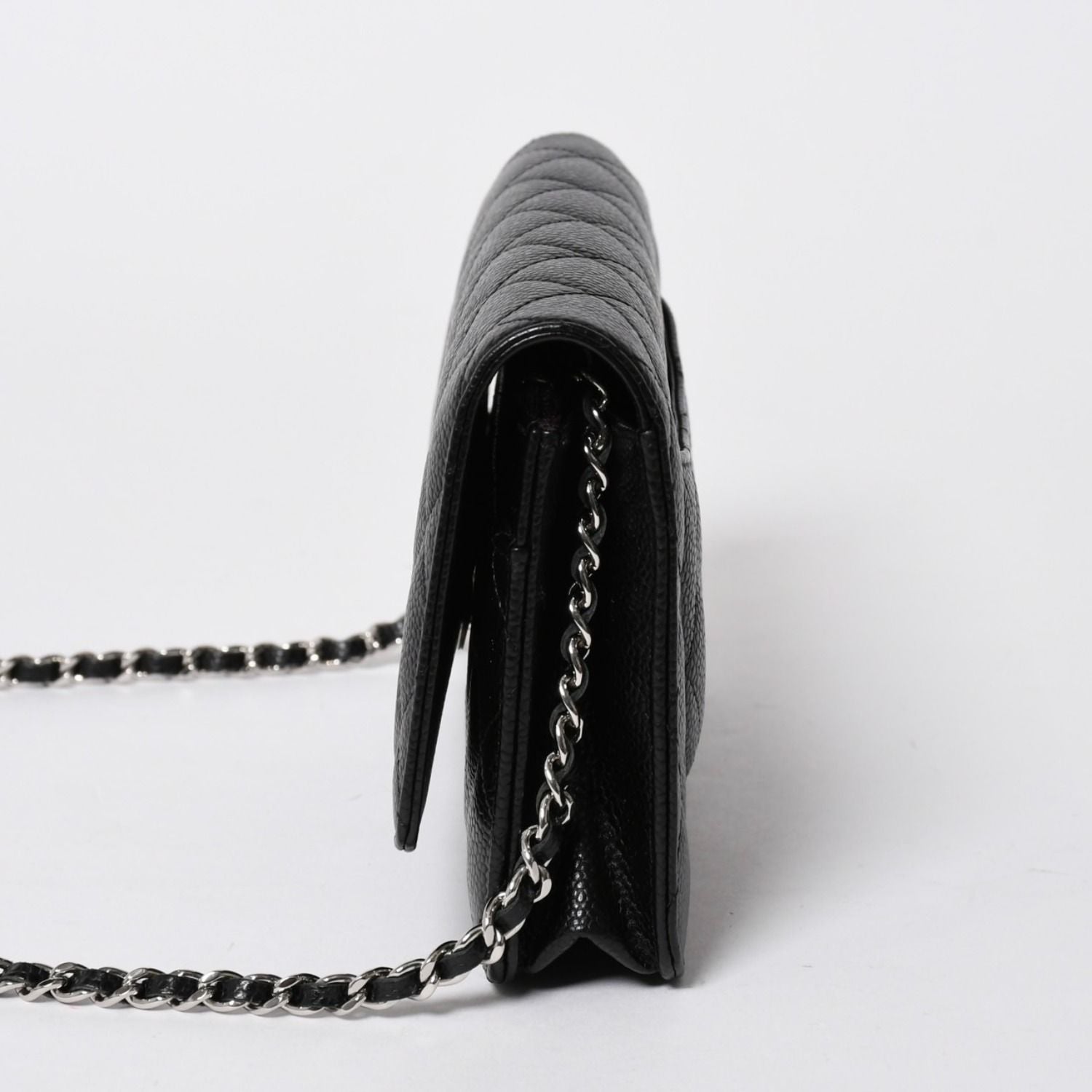 Chanel Quilted Chain Wallet Caviar Leather Black Silver Shoulder Bag — view 4