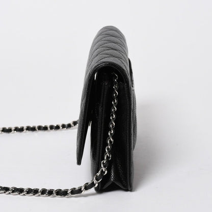 Chanel Quilted Chain Wallet Caviar Leather Black Silver Shoulder Bag — view 4