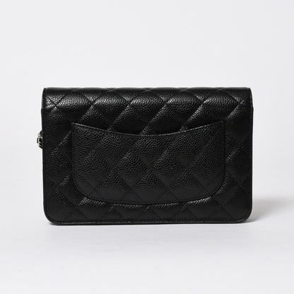 Chanel Quilted Chain Wallet Caviar Leather Black Silver Shoulder Bag — view 2