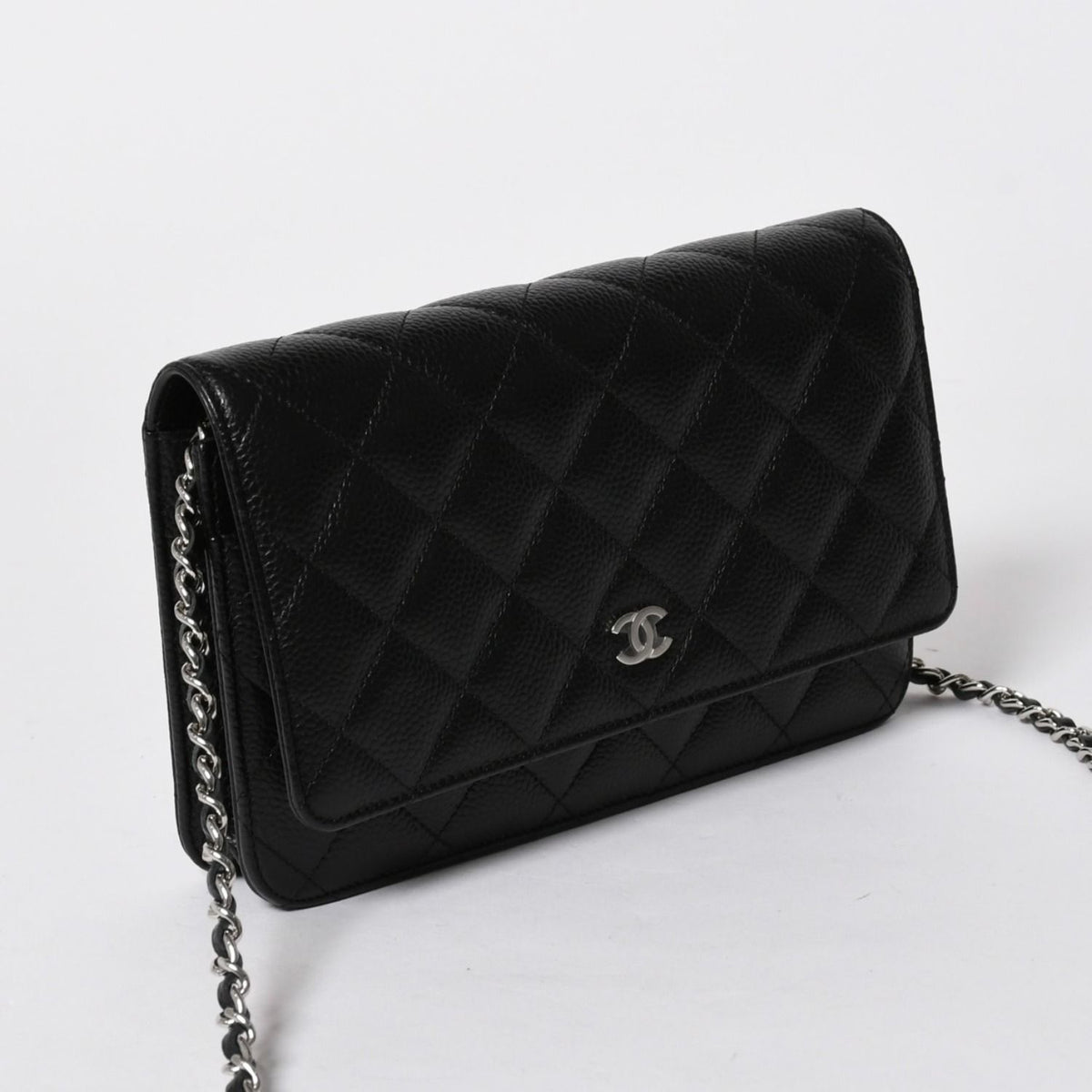 Chanel Quilted Chain Wallet Caviar Leather Black Silver Shoulder Bag — view 3