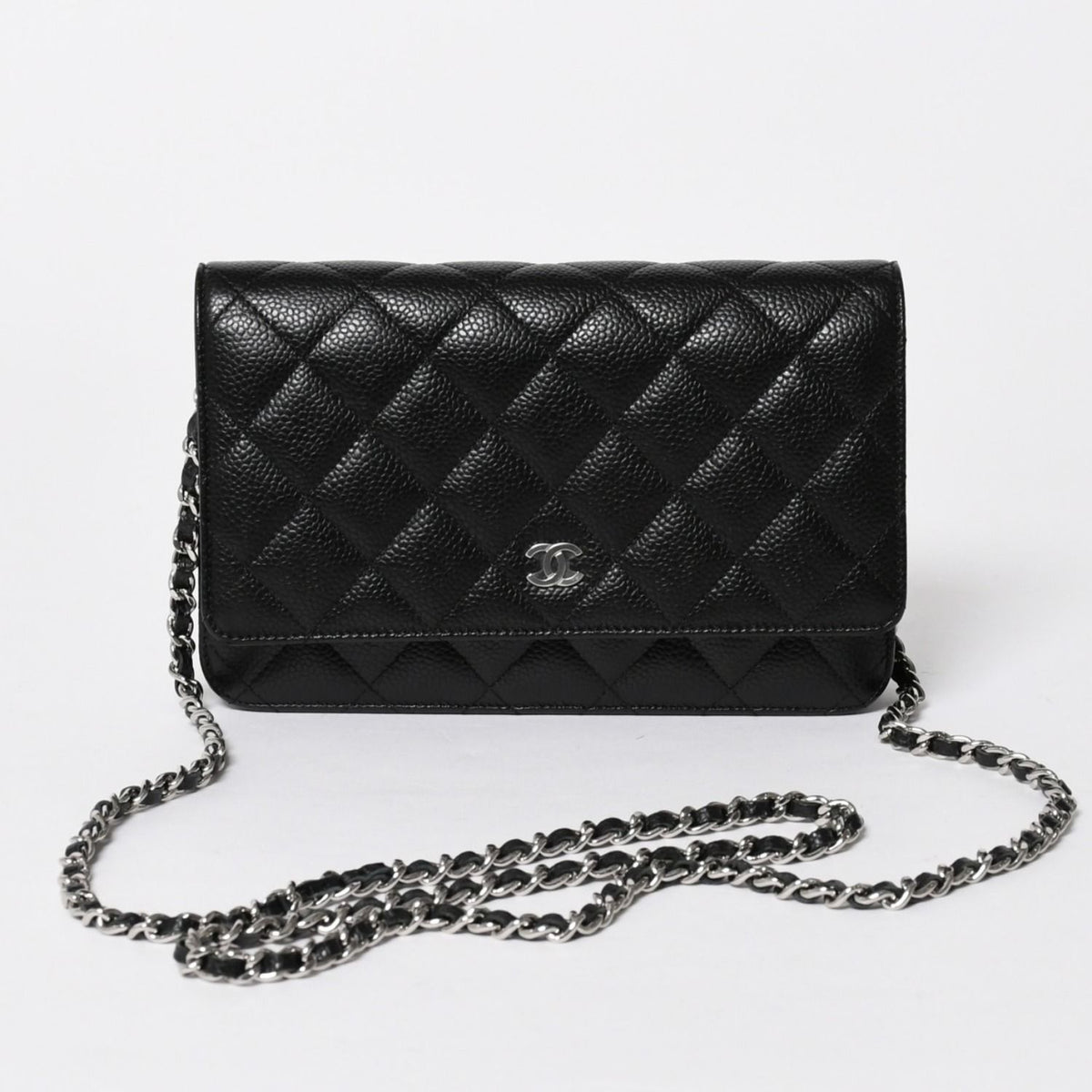 Chanel Quilted Chain Wallet Caviar Leather Black Silver Shoulder Bag
