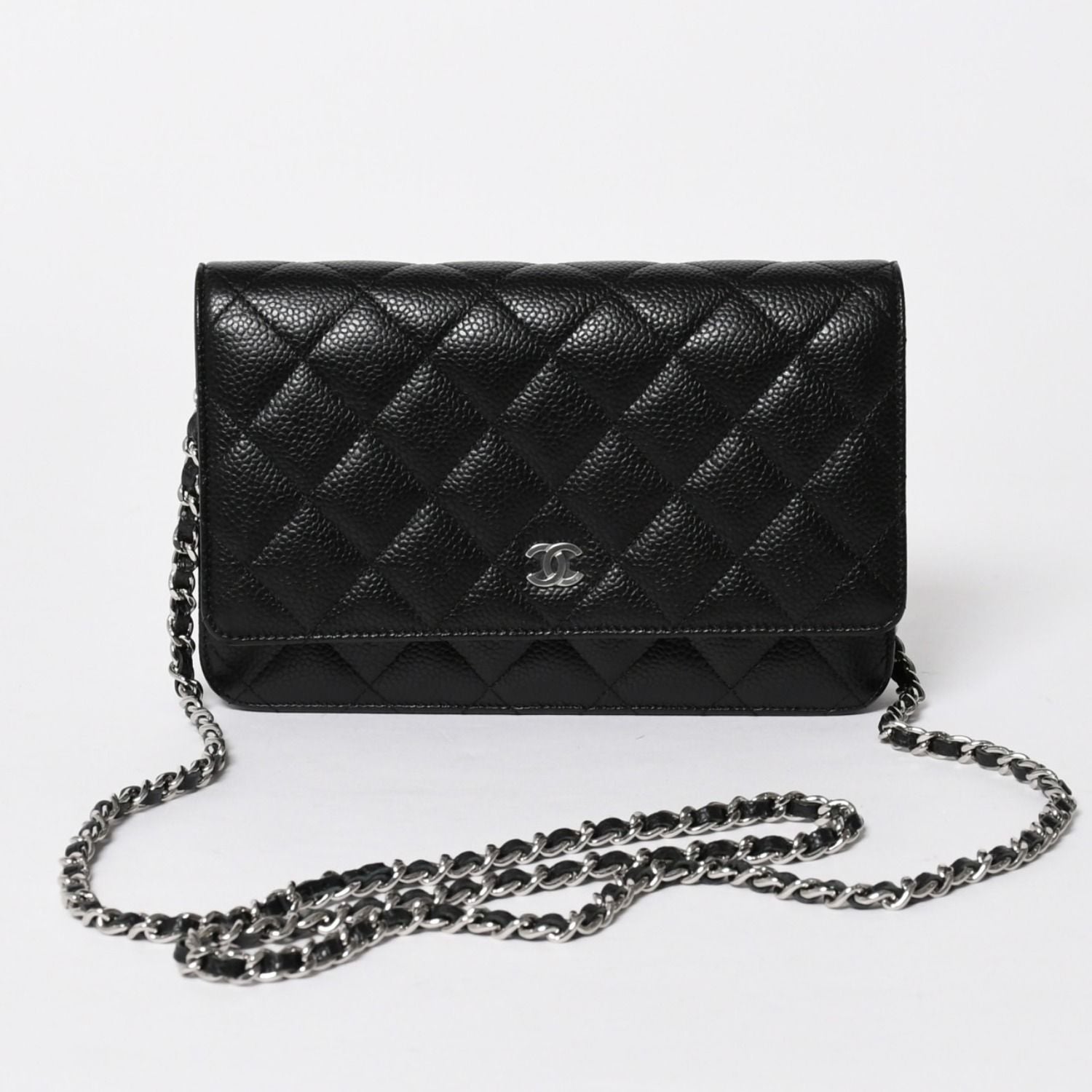 Chanel Quilted Chain Wallet Caviar Leather Black Silver Shoulder Bag