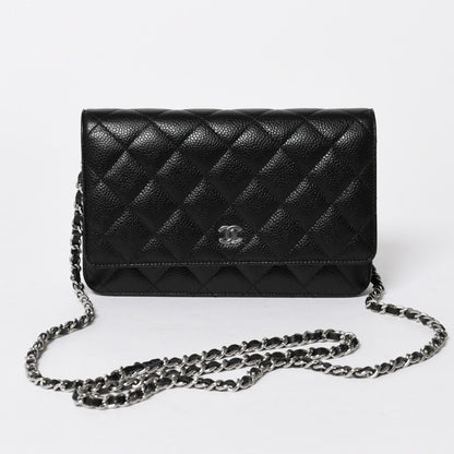 Chanel Quilted Chain Wallet Caviar Leather Black Silver Shoulder Bag