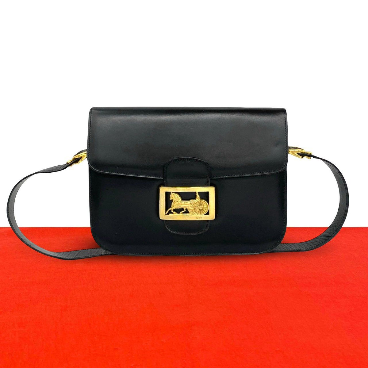 Celine Vintage Carriage Leather Shoulder Bag Pochette Black
