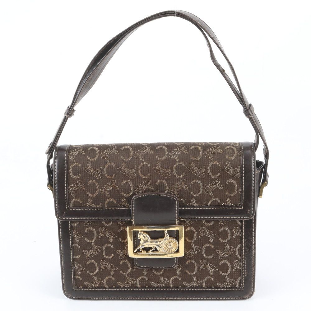 Celine Sulky Carriage Leather Canvas 2-Way Shoulder Bag Brown