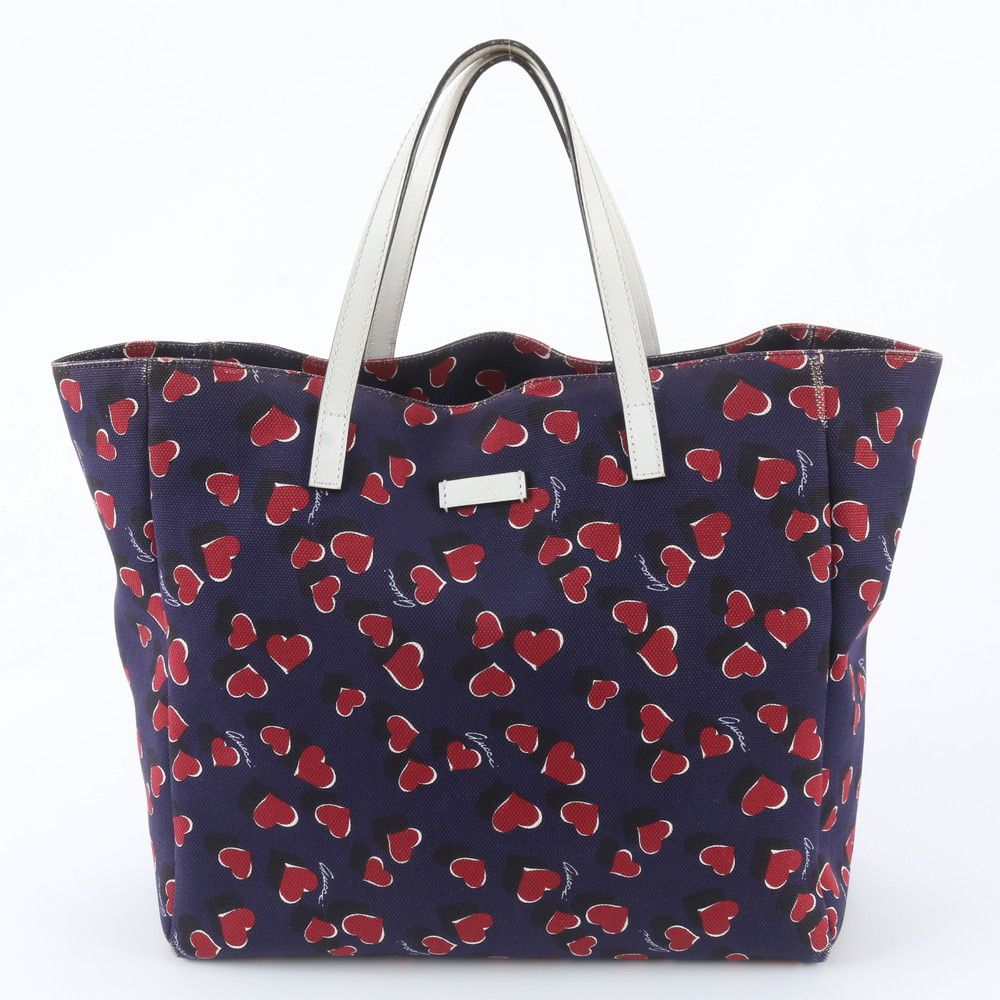 Gucci Heart Beat Leather Canvas Tote Shoulder Hand Navy