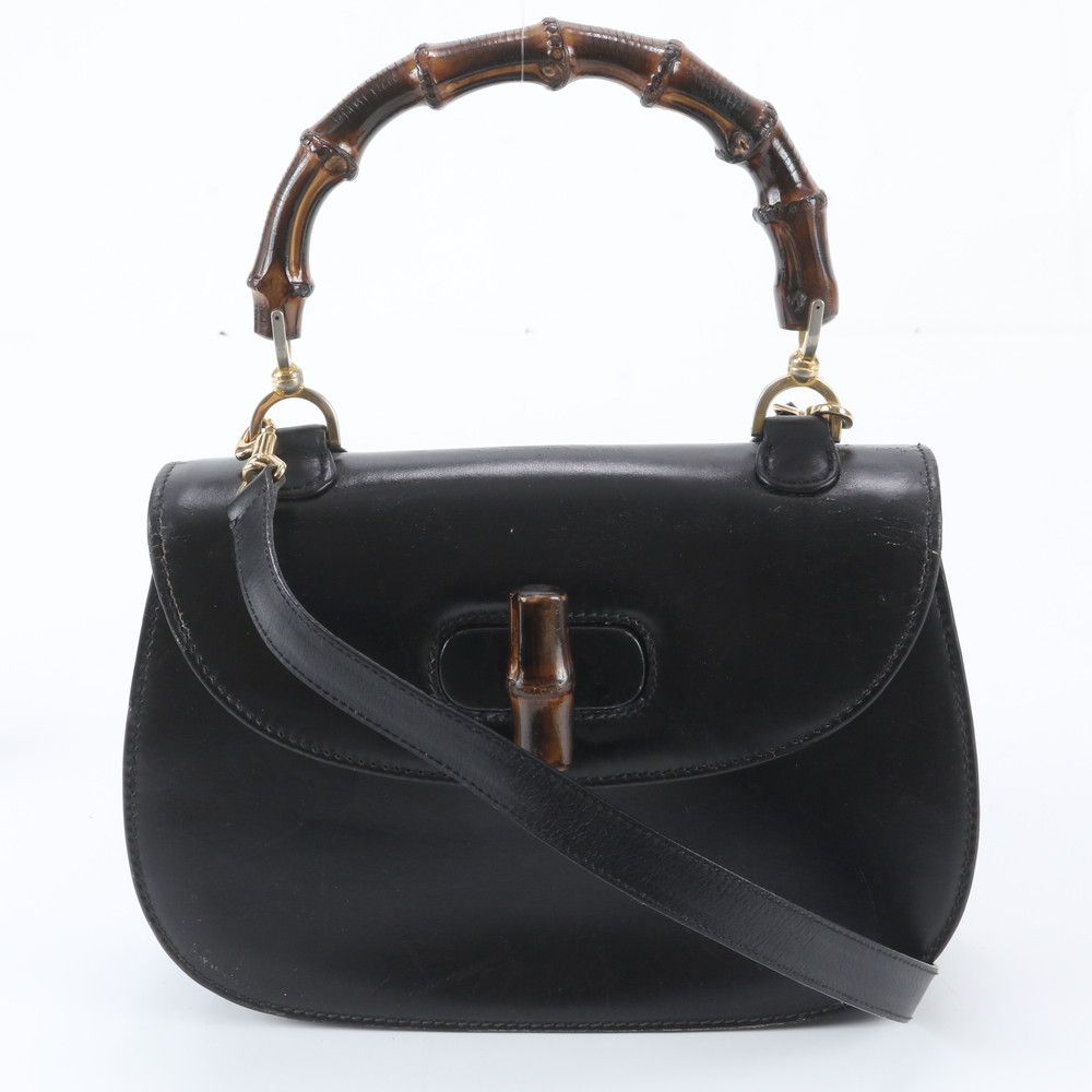 Gucci Bamboo Leather 2-Way Shoulder Bag Crossbody Hand Black