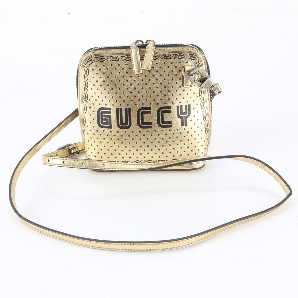 Gucci Sega Collaboration Guccy Print Leather Shoulder Bag Crossbody Gold