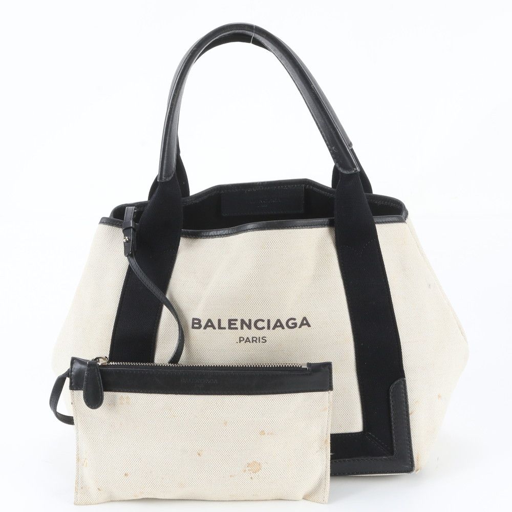 Balenciaga Navy Cabas Leather Canvas Tote