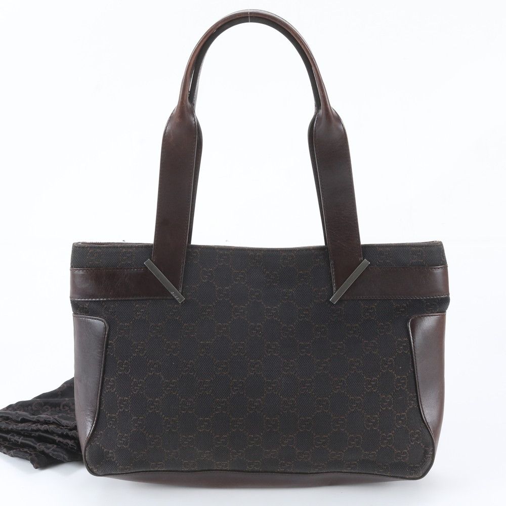 Gucci GG Canvas Leather Tote Shoulder Hand Brown