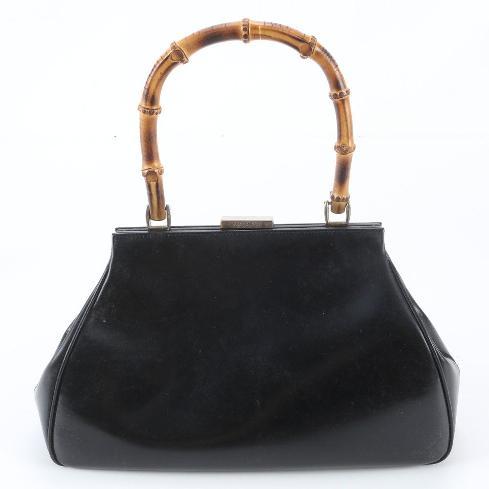 Gucci Bamboo Kiss Lock Leather Handbag Black
