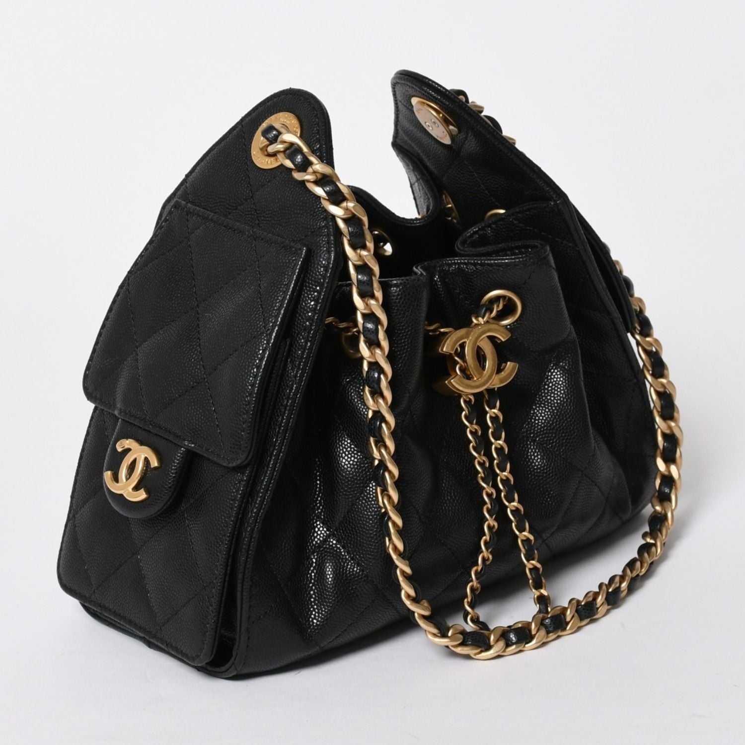 Chanel 25 Mini Handbag CC Logo Caviar Leather Black Gold — view 3