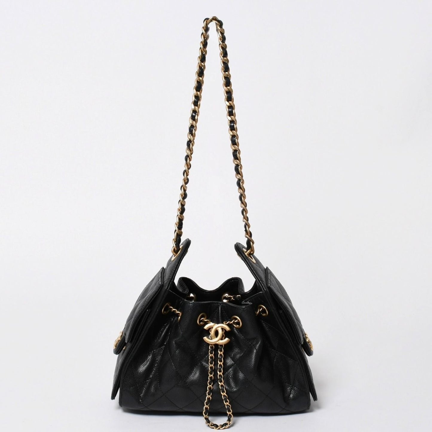 Chanel 25 Mini Handbag CC Logo Caviar Leather Black Gold
