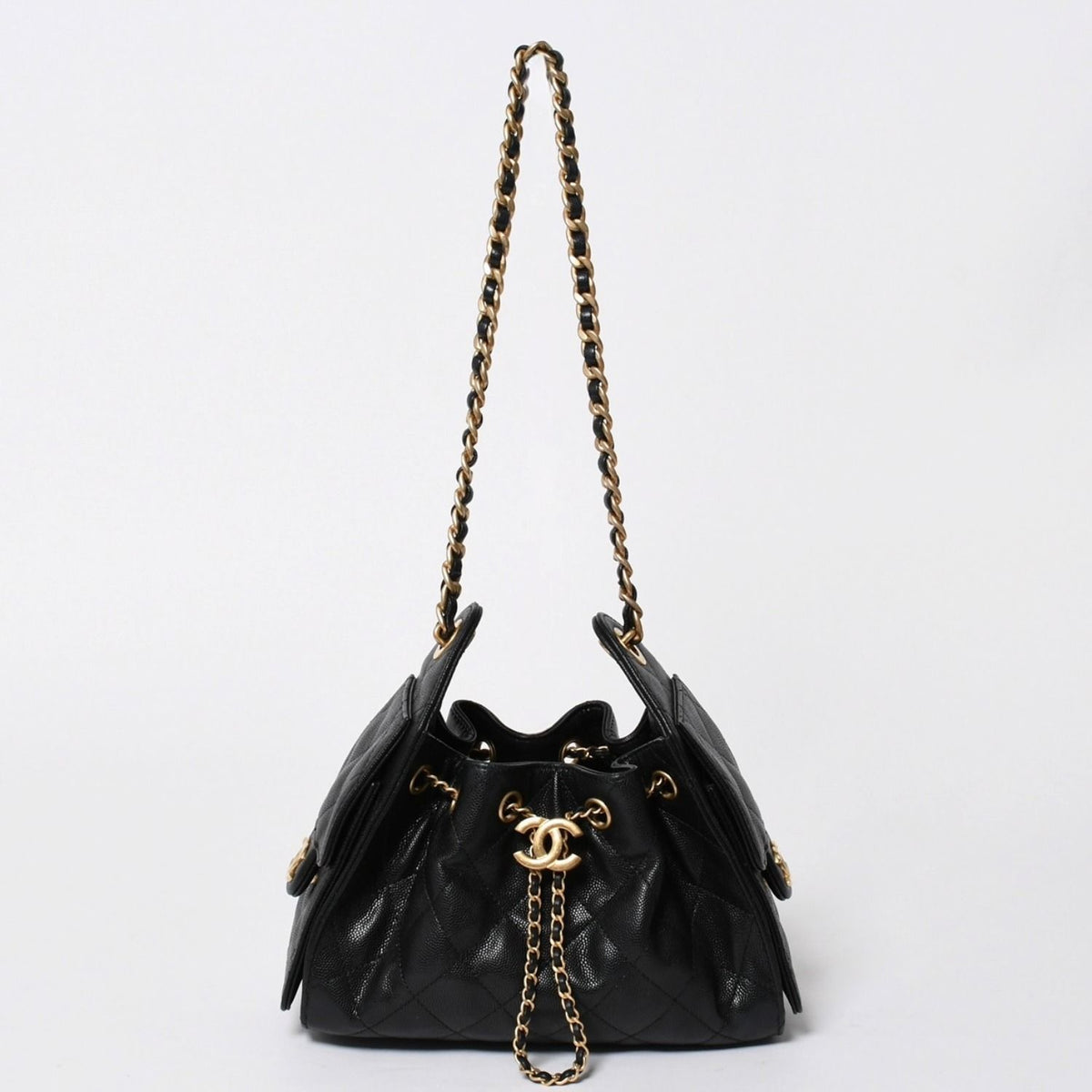 Chanel 25 Mini Handbag CC Logo Caviar Leather Black Gold