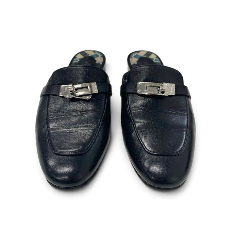Hermes Oz Flat Shoes Leather Black Silver Kelly Mules Slippers Sandals — view 2