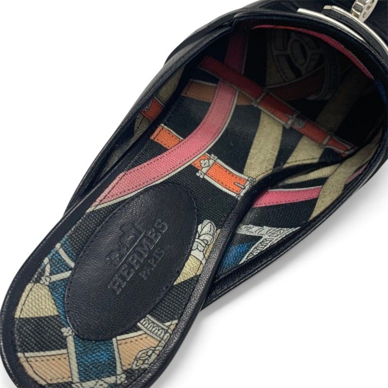 Hermes Oz Flat Shoes Leather Black Silver Kelly Mules Slippers Sandals — view 6
