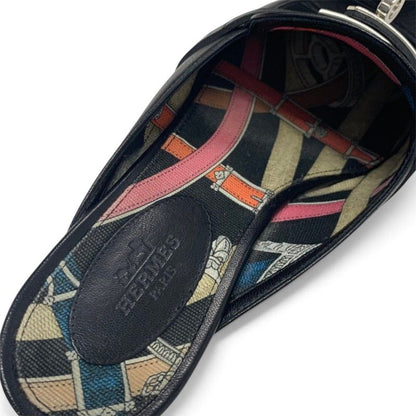 Hermes Oz Flat Shoes Leather Black Silver Kelly Mules Slippers Sandals — view 6