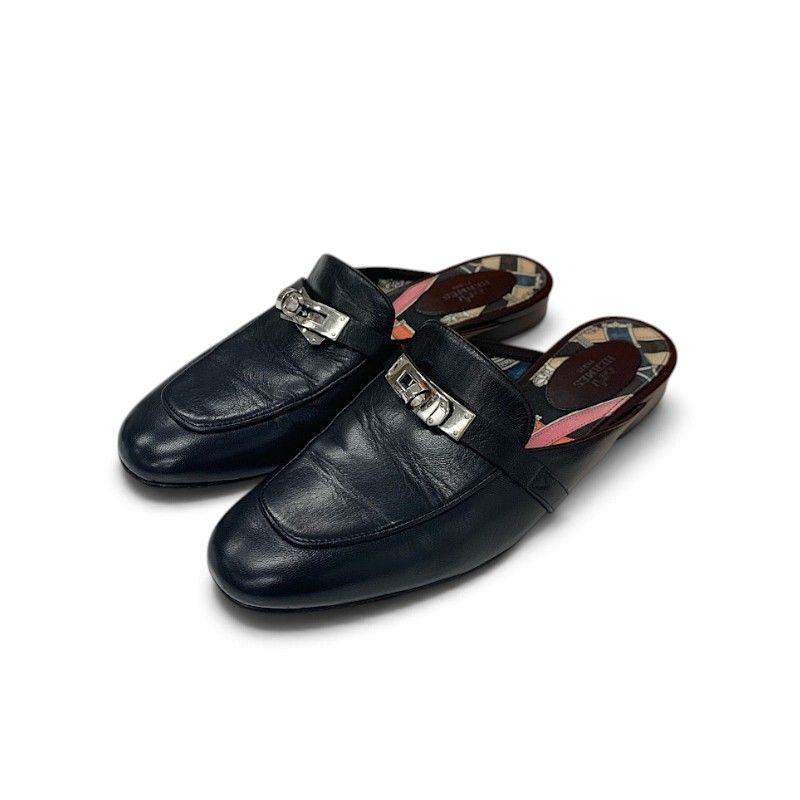 Hermes Oz Flat Shoes Leather Black Silver Kelly Mules Slippers Sandals