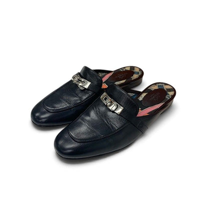 Hermes Oz Flat Shoes Leather Black Silver Kelly Mules Slippers Sandals