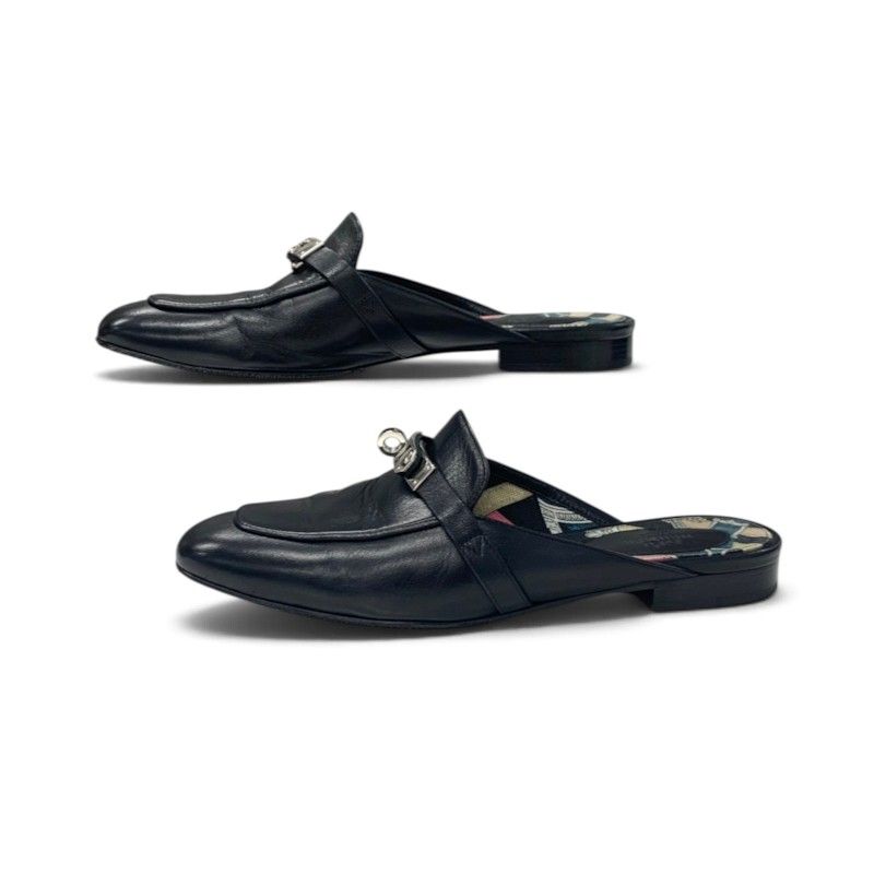 Hermes Oz Flat Shoes Leather Black Silver Kelly Mules Slippers Sandals — view 3