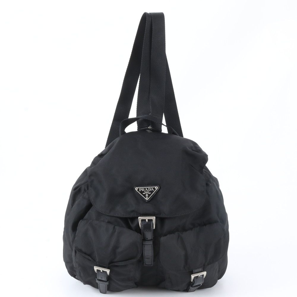 Prada Tessuto Nylon Triangle Logo Leather Backpack Black