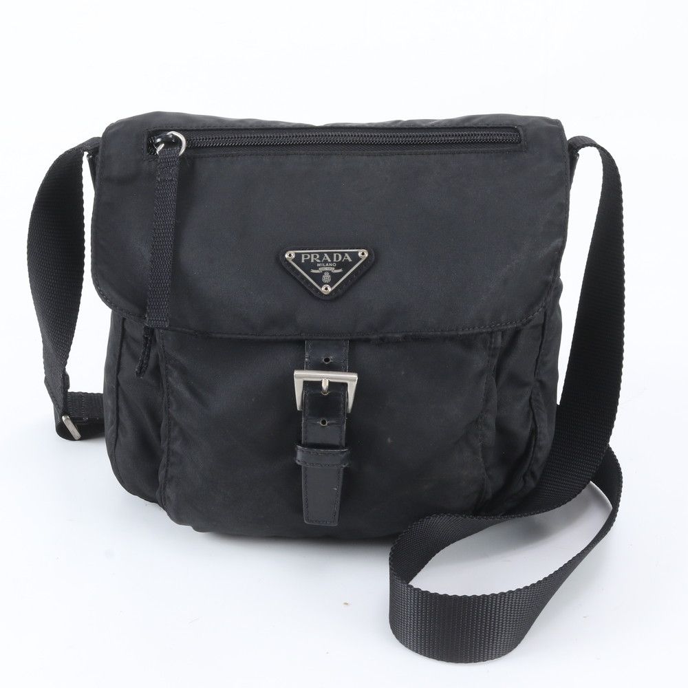 Prada Tessuto Nylon Triangle Logo Leather Shoulder Bag Crossbody Messenger Black
