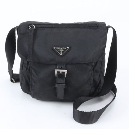 Prada Tessuto Nylon Triangle Logo Leather Shoulder Bag Crossbody Messenger Black