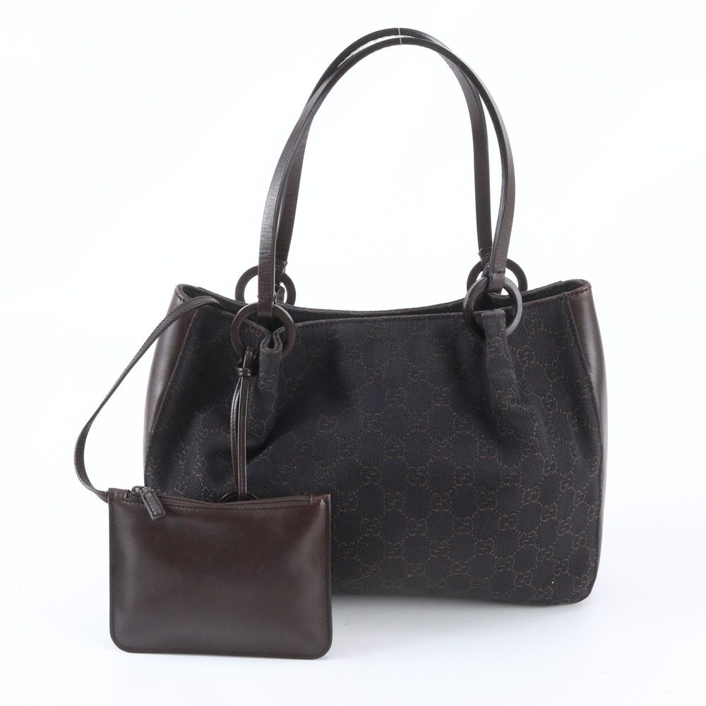 Gucci GG Canvas Leather Handbag with Tote Pouch Brown