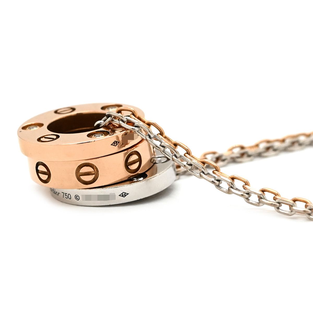 Cartier Necklace Love Three Hoop Pink Gold White PG WG Diamond Double Chain — view 3