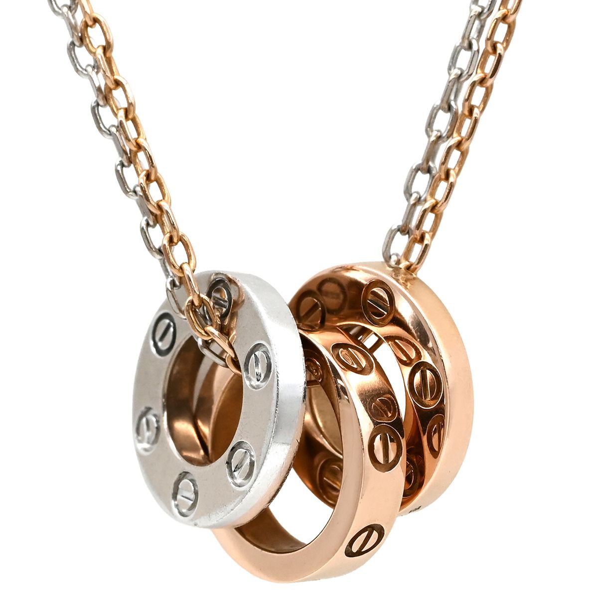 Cartier Necklace Love Three Hoop Pink Gold White PG WG Diamond Double Chain — view 2