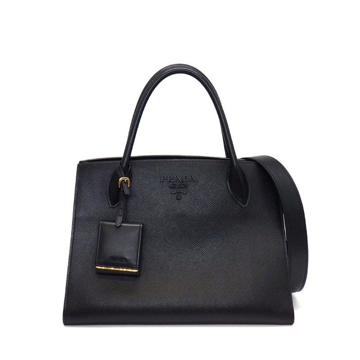 Prada Handbag Monochrome Medium Black Saffiano Cuirno Leather Gold