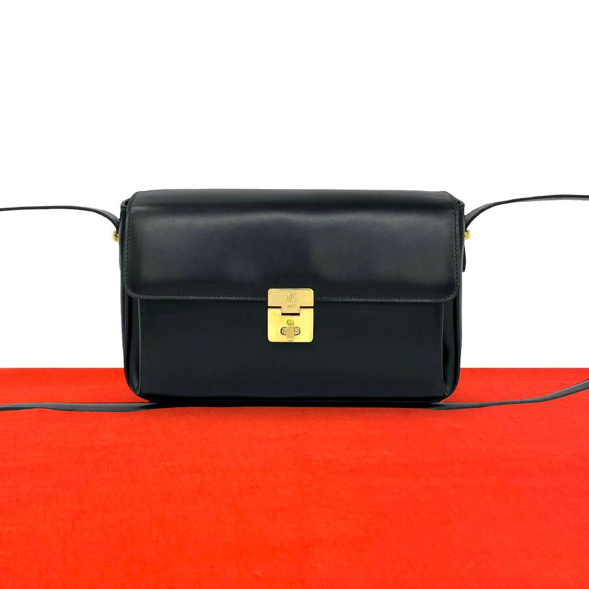 Celine Vintage Triomphe Logo Turnlock Leather Shoulder Bag Pochette Black