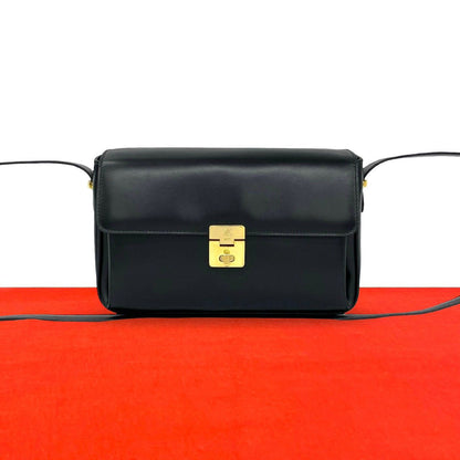 Celine Vintage Triomphe Logo Turnlock Leather Shoulder Bag Pochette Black