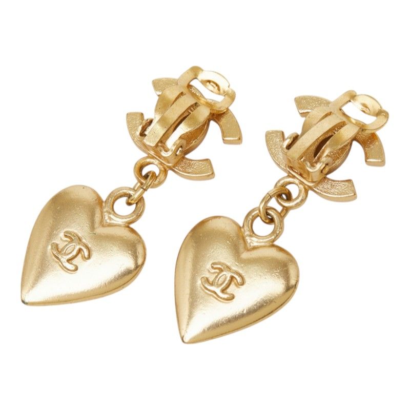 Chanel CC Logo Heart Motif Earrings Gold Plated Rhinestone — view 3