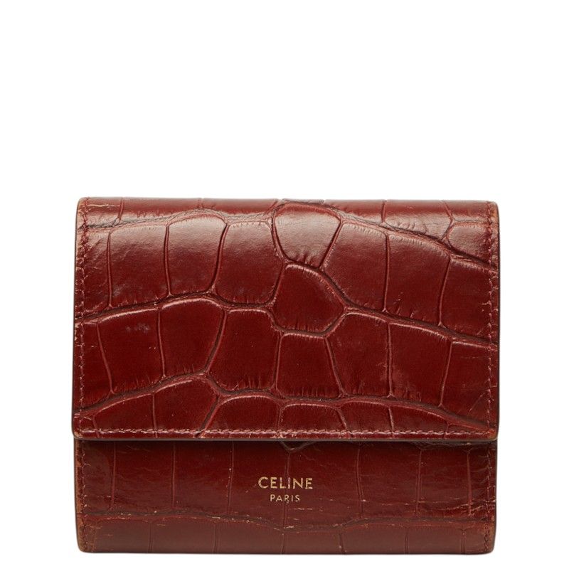 Celine Croc Embossed Small Trifold Wallet Red Leather
